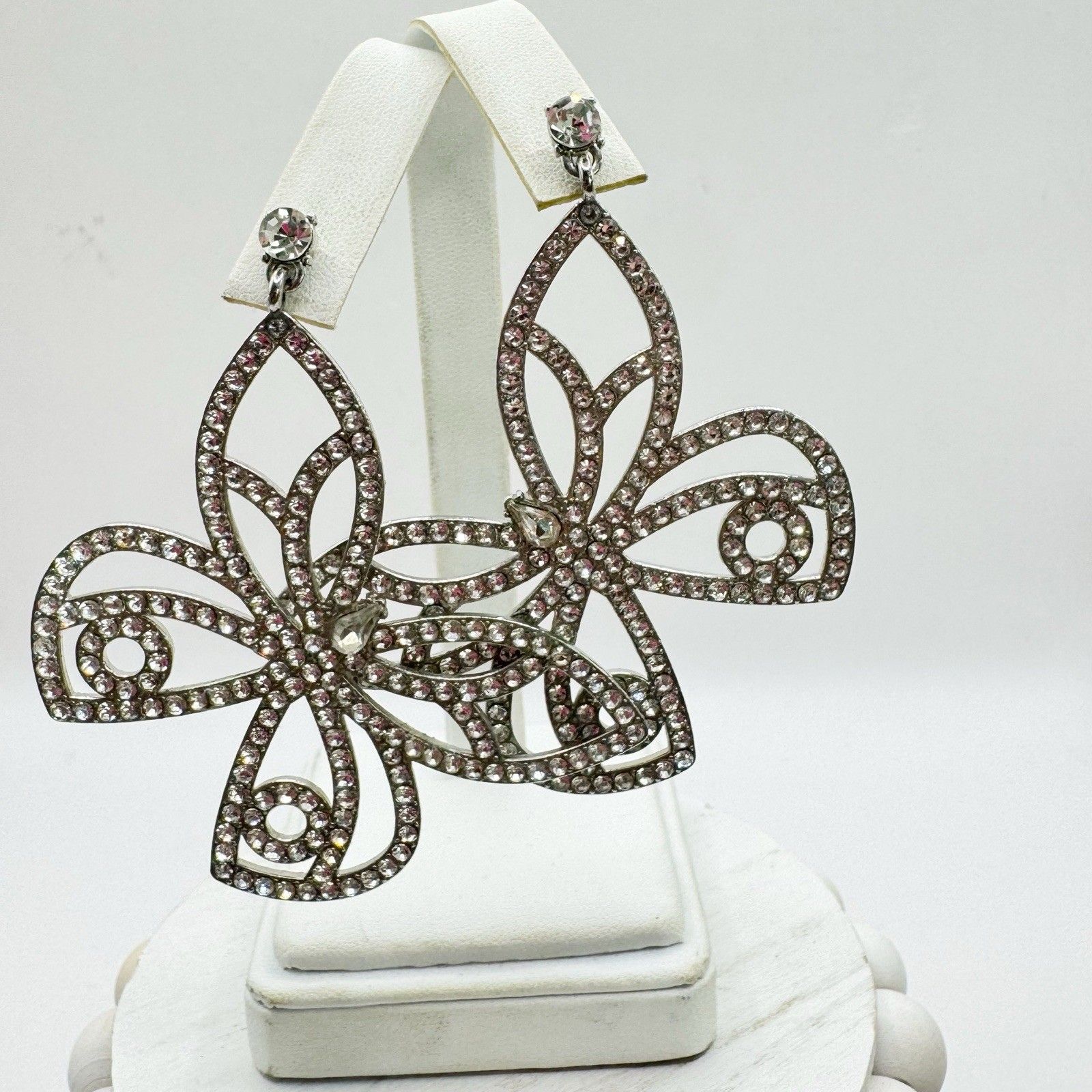 Butterfly Rhinestone Earrings Large Dangle Silver Tone Clear White Sparkle